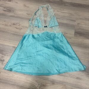 Victoria's Secret Large NWT Babydoll Slip Lingerie Blue Satin White Lace Y2K